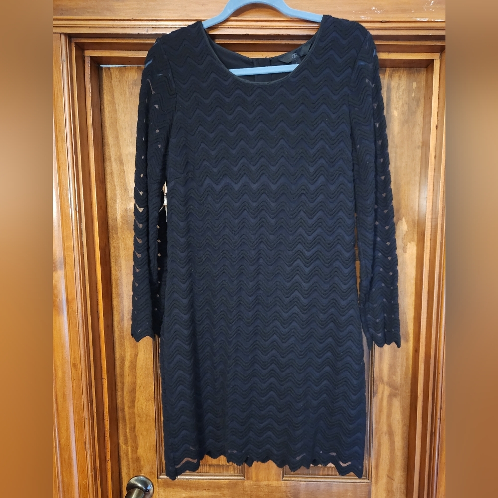 Banana Republic Dress Black Chevron with Sheer Arms Exposed Gold Zipper